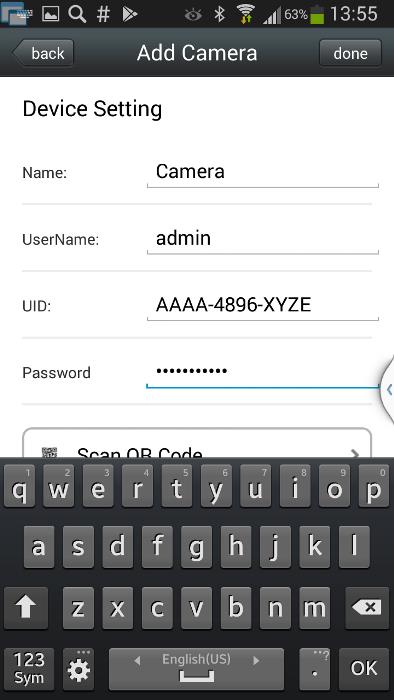 Fill in the Camera Name, User Name, camera identification number (UID) and default password 